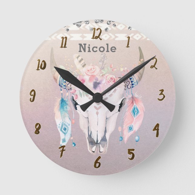 Hübsche Iridescent Boho Chic florale rustikale Cus Runde Wanduhr (Vorderseite)