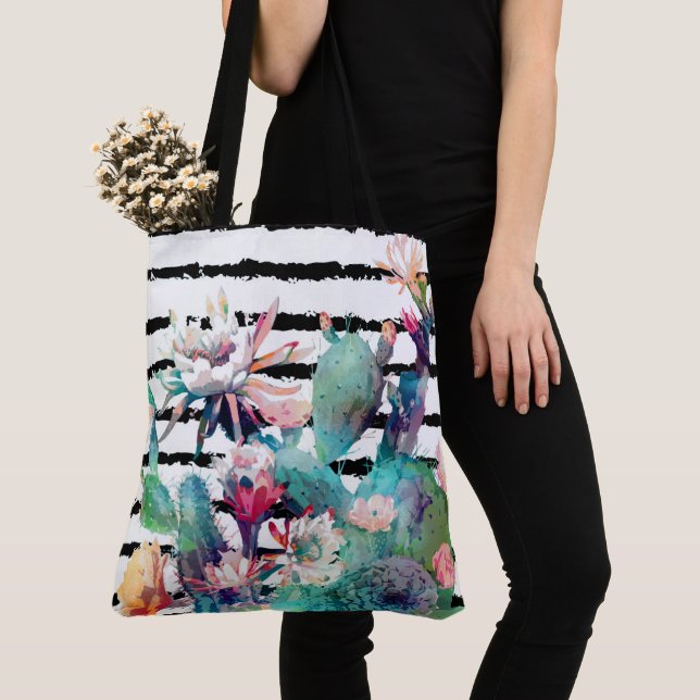 Hübsche Kakteen, schwarze Streifen Tasche (Von Nahem)
