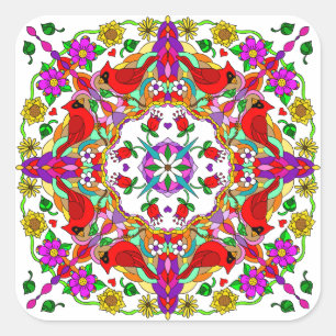Hübsche Kardinal und Blume Mandala Quadratischer Aufkleber