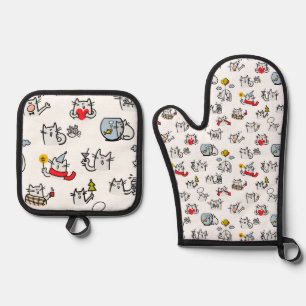 Hübsche Katzen, Milch und Magie. Ofenhandschuh & Topflappen-Set