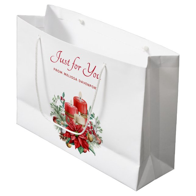 Hübsche Kerzen und Poinsettia Bouquet Große Geschenktüte (Vorderseite Schrägansicht)
