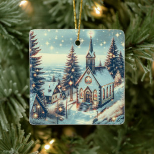 Hübsche Kirche an einem Winterweihnachtsfest Keramikornament
