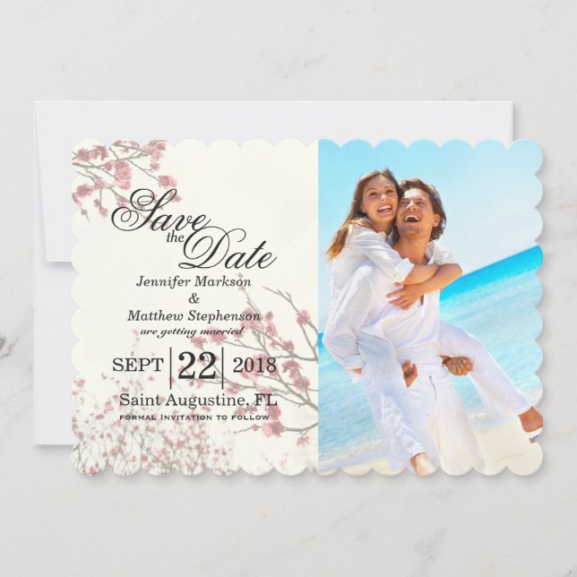 Hübsche Kirschblossom Bäume auf elegantem Weiß Save The Date (Vorderseite)