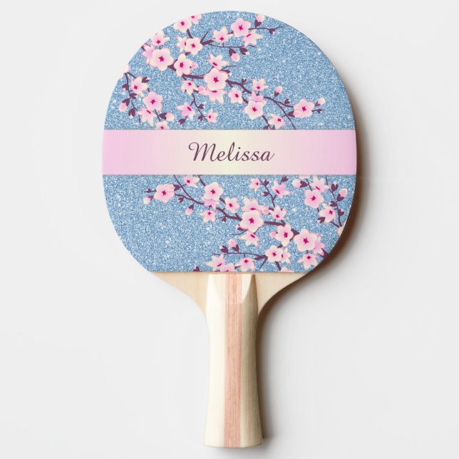 Hübsche Kirschblüten Blauer Glitzer Monogramm Tischtennis Schläger (Rückseite)