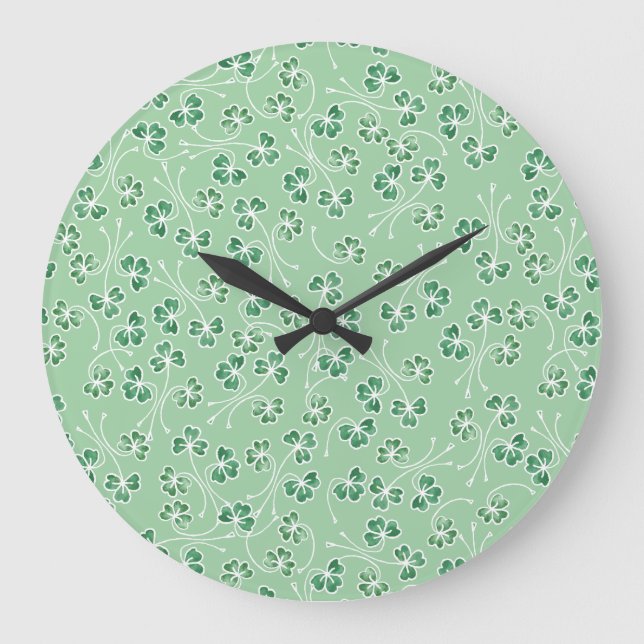 Hübsche Kleeblätter Weiße Konturen, grüne Wanduhr (Vorderseite)