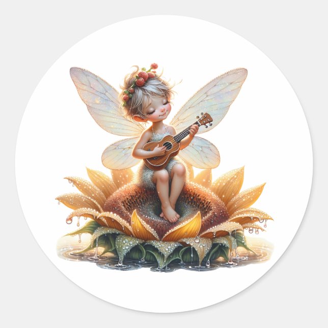Hübsche Kleine Faibe auf Sonnenblume mit Ukulele Runder Aufkleber (Vorderseite)