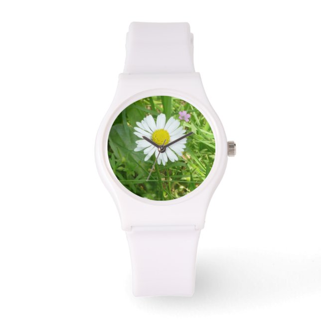Hübsche kleine weiße und gelbe Miniatur Armbanduhr (Vorderseite)