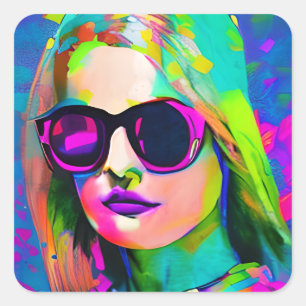 Hübsche Lady in Sonnenbrille Einzigartige Moderne  Quadratischer Aufkleber