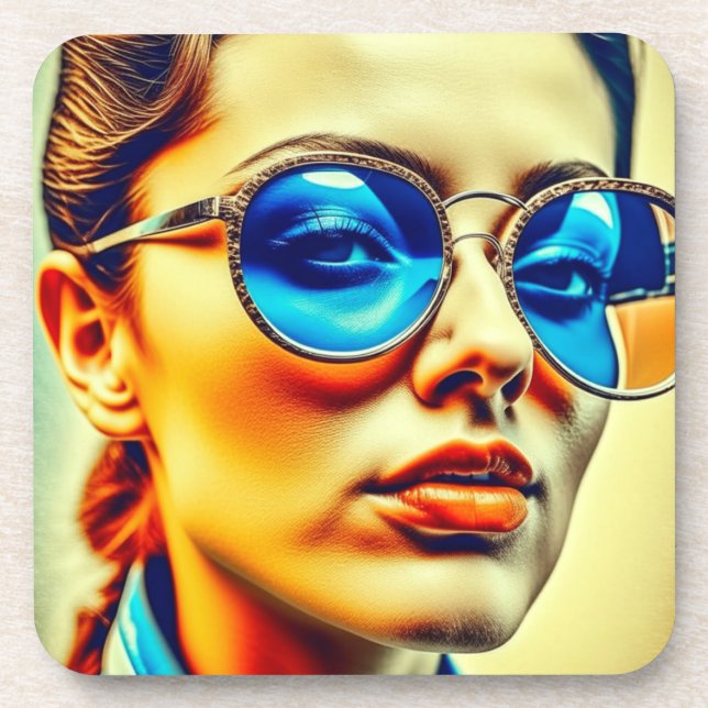 Hübsche Lady mit Blauer Sonnenbrille mit Reflektio Getränkeuntersetzer (Vorderseite)
