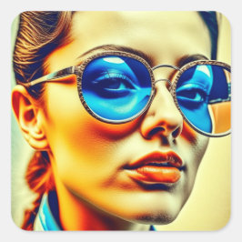 Hübsche Lady mit Blauer Sonnenbrille mit Reflektio Quadratischer Aufkleber