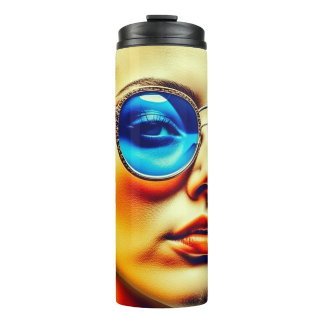 Hübsche Lady mit Blauer Sonnenbrille mit Reflektio Thermosbecher (Vorderseite)