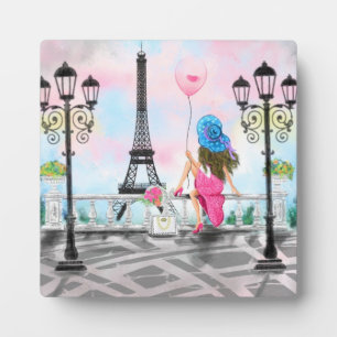 Hübsche Lady mit rosa Herzballon - I Liebe Paris Fotoplatte