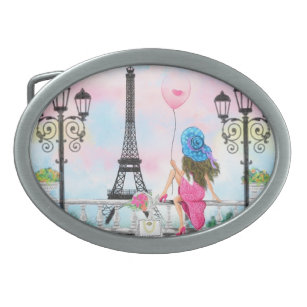 Hübsche Lady mit rosa Herzballon - I Liebe Paris Ovale Gürtelschnalle