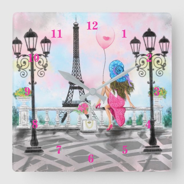 Hübsche Lady mit rosa Herzballon - I Liebe Paris Quadratische Wanduhr (Vorderseite)