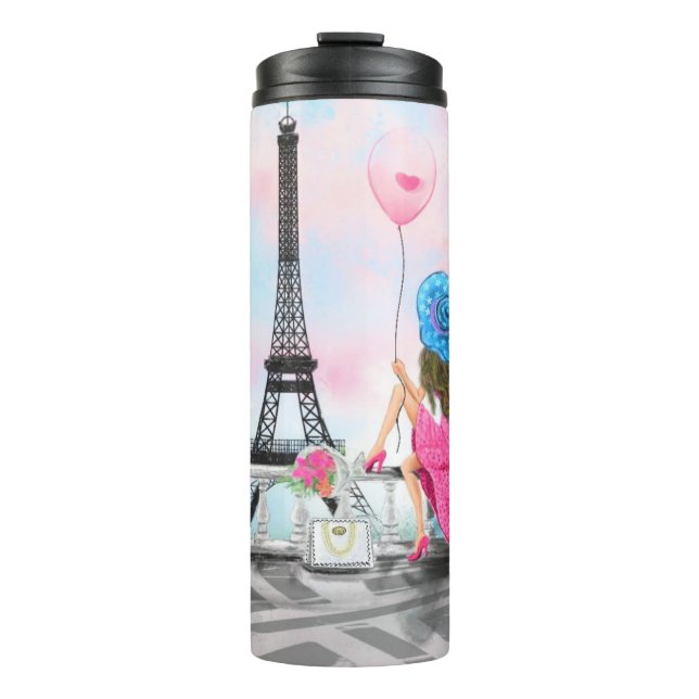 Hübsche Lady mit rosa Herzballon - I Liebe Paris Thermosbecher (Vorderseite)