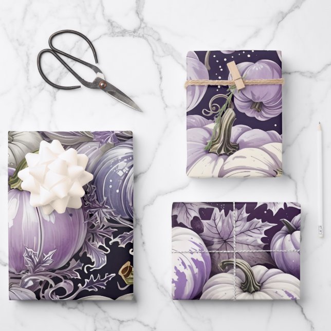 HÜBSCHE LAVENDER LILA-WEISSE FALLPUMPKINE GESCHENKPAPIER SET (Vorderseite)