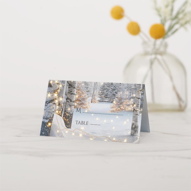 Hübsche Lichter auf  Birkenbäumen Hochzeiten Platzkarte (Vorderseite)