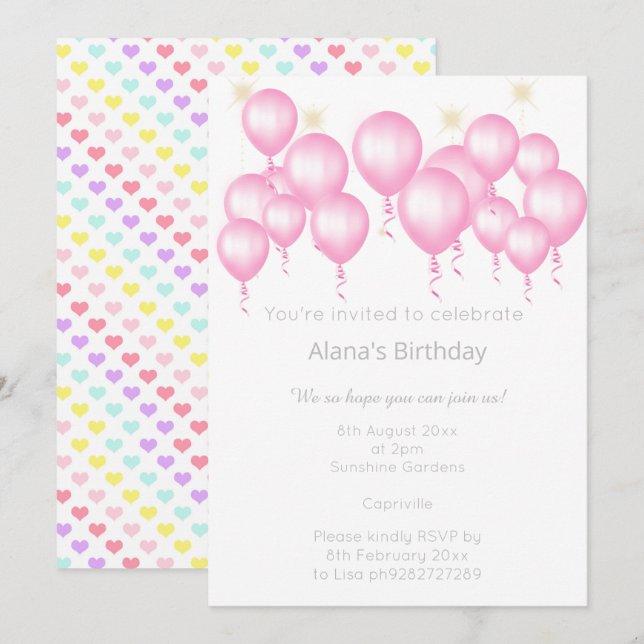 HÜBSCHE LIEBE HERZ BALLOON PINK GEBURTSTAG EINLADU EINLADUNG (Vorne/Hinten)