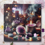 Hübsche Lila Amethyst-Edelsteine und Kristalle<br><div class="desc">Hübsches spirituelles Rätsel mit Amethysten,  Kerzen,  Steinen und Edelsteinen und voller positiver Vibes!</div>