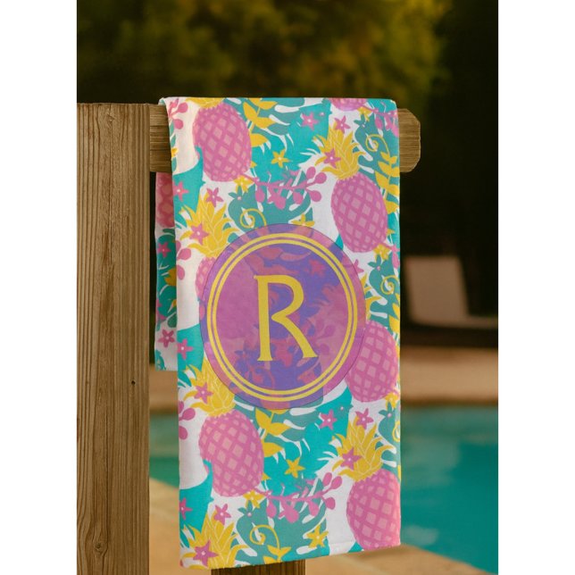 Hübsche Lila Ananas und Blue Tropical Blätter Strandtuch (Von Creator hochgeladen)