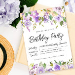 Hübsche Lila Blumenfeier 60. Geburtstagsparty Einladung<br><div class="desc">Ehre eine besondere Frau mit dieser eleganten und weiblichen 60. Geburtstagsfeier. Die Geburtstagsfeierlichkeiten sind von oben und unten lila Blumenrahmen umgeben. Die Blumenelemente sind in tiefgrüne Blätter eingebettet. Während es sich um ein traditionelles Design handelt, verleihen das offene und luftige botanische Blattwerk und der Text ihm ein zeitgenössisches Ambiente. Dieser...</div>