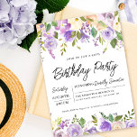 Hübsche Lila Blüte 40. Geburtstag Party Einladung<br><div class="desc">Ehre eine besondere Frau mit dieser eleganten und weiblichen 40. Geburtstags-Party Einladung. Die Geburtstagsfeierlichkeiten sind von oben und unten lila Blumenrahmen umgeben. Die Blumenelemente sind in tiefgrüne Blätter eingebettet. Während es sich um ein traditionelles Design handelt, verleihen das offene und luftige botanische Blattwerk und der Text ihm ein zeitgenössisches Ambiente....</div>