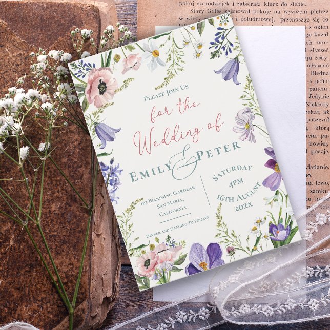 Hübsche Lila Blütenpink-Blütenhochzeit Einladung (Pretty Purple Blush Pink Floral Border Wedding Invitation)