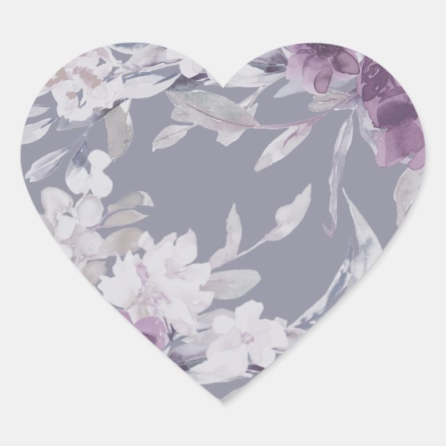 Hübsche Lila Botanische Blumenhochzeit Herz-Aufkleber (Vorderseite)