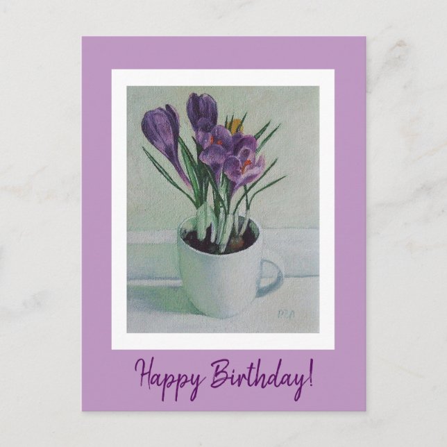 Hübsche lila Crocus-Blume in einer Tasse Geburtsta Postkarte (Vorderseite)