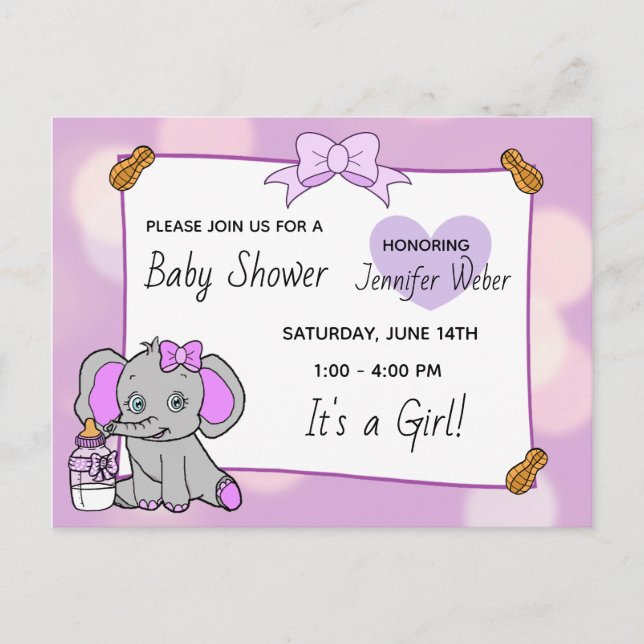 Hübsche Lila Elephant Girl's Baby Dusche Postkarte (Vorderseite)