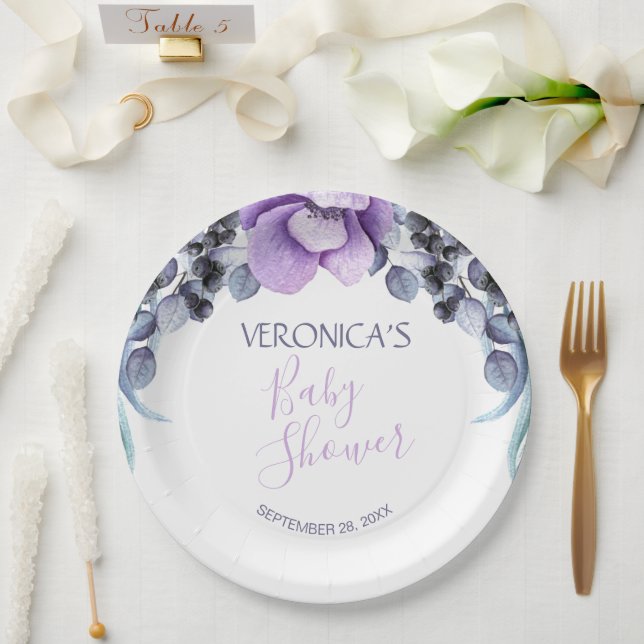 Hübsche Lila Floral Berry Babydusche Pappteller (Hochzeit)