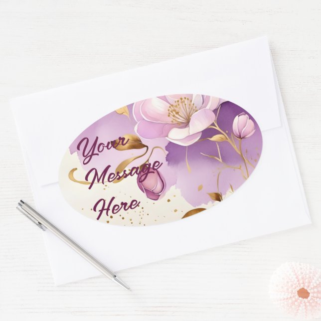Hübsche Lila Goldfloral Ovaler Aufkleber (Umschlag)
