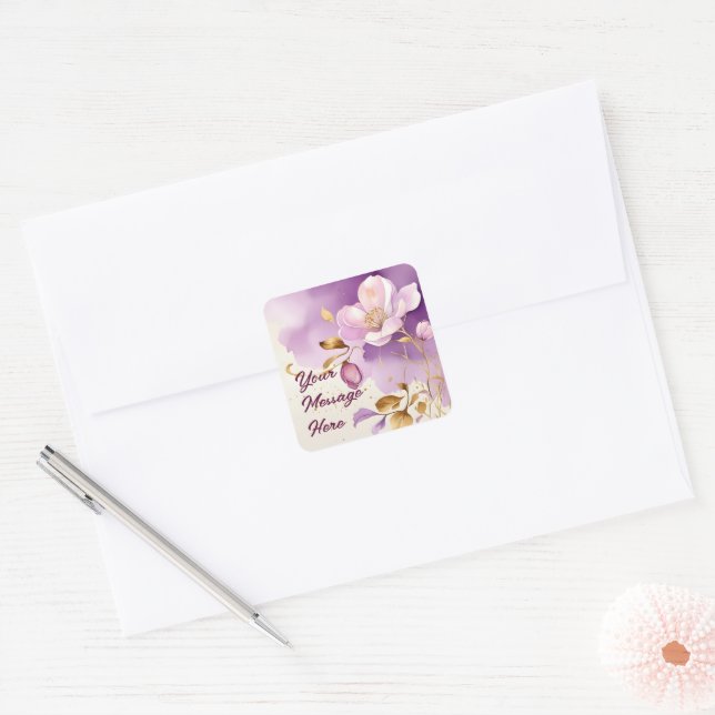 Hübsche Lila Goldfloral Quadratischer Aufkleber (Umschlag)