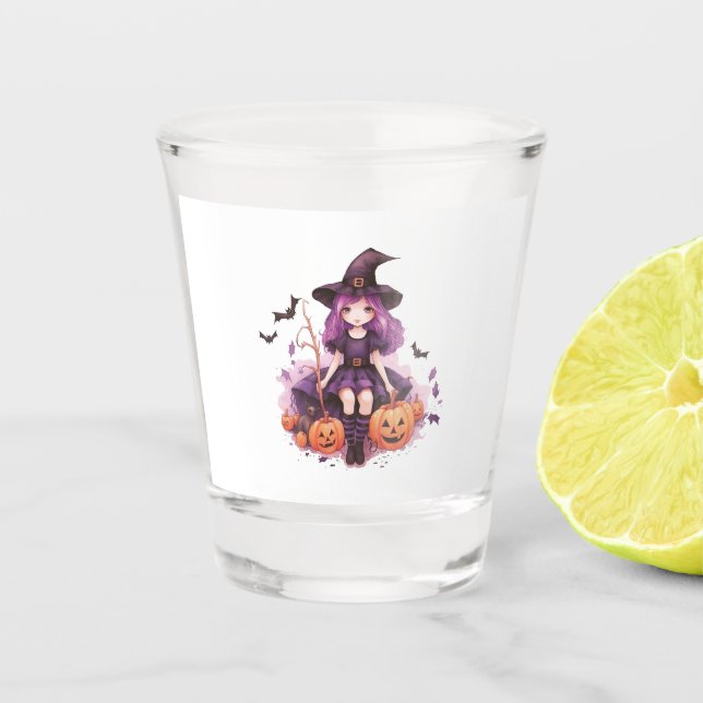 Hübsche Lila Haarbürsten; Hexenkürbis und Fledermä Schnapsglas (Vorderseite)