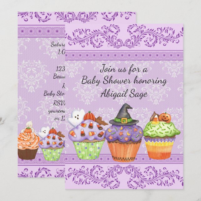 Hübsche Lila Halloween Cupcakes Kinderdusche Einladung (Vorne/Hinten)