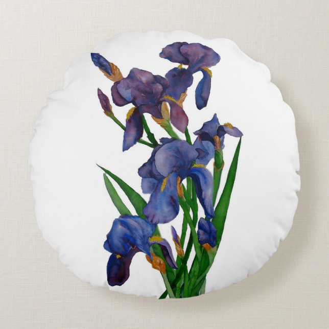Hübsche lila Iris-Aquarell Rundes Kissen (Vorderseite)