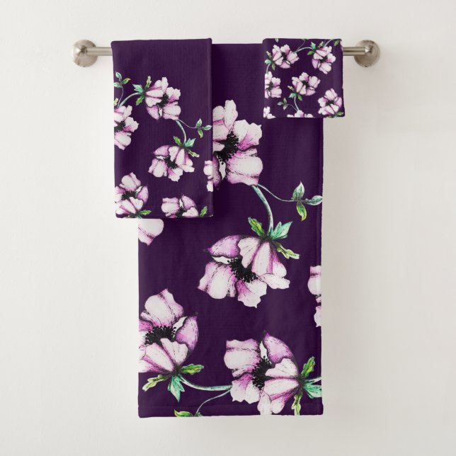 Hübsche Lila Jewel Tone & Watercolor Blume Badhandtuch Set (Insitu)