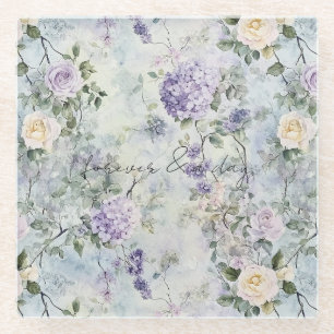 Hübsche Lila Lavendel Weiße Rosen Blumenhochzeit Glasuntersetzer
