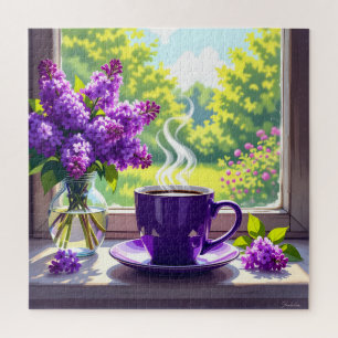 Hübsche Lila Lilacs und Kaffee
