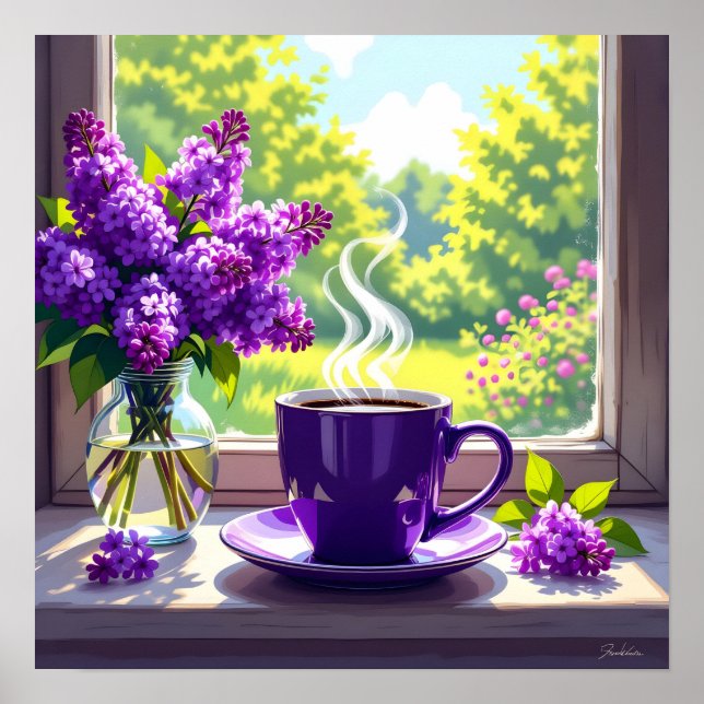 Hübsche Lila Lilacs und Kaffee Poster (Vorne)