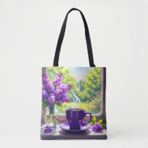 Hübsche Lila Lilacs und Kaffee