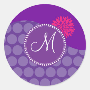Hübsche Lila Polka Dots Wave mit rosa Blume Runder Aufkleber