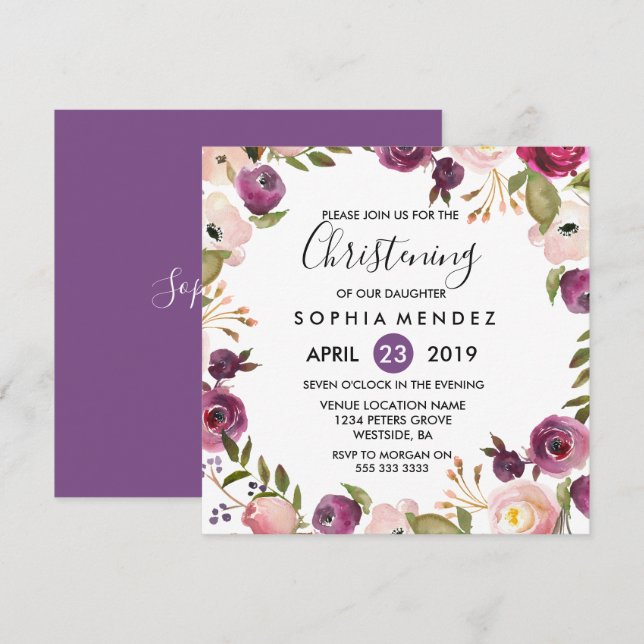 Hübsche Lila rosa Botanische Christening Taufe Einladung (Vorne/Hinten)