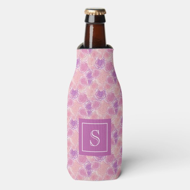 Hübsche Lila Rose Floral Custom Monogram Flaschenkühler (Flaschenvorderseite)
