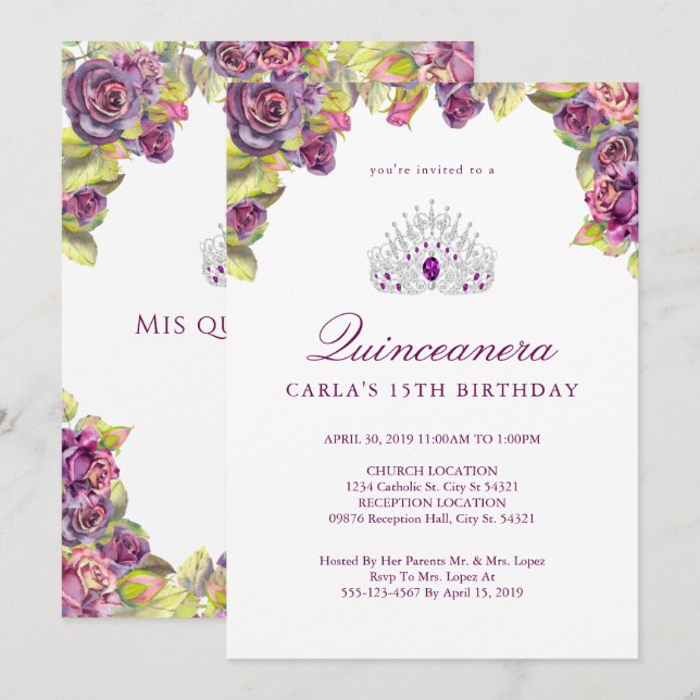 Hübsche Lila Rose Quinceanera Einladungen (Vorne/Hinten)