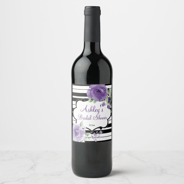 Hübsche Lila Rose und Streifen Weinetikett (Vorderseite)