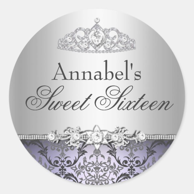 Hübsche Lila- & SilberDamaske Sweet 16 Aufkleber (Vorderseite)