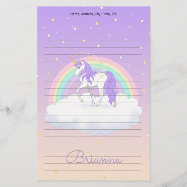 Hübsche Lila süße Träume Regenbogen Unicorn Briefpapier (Vorderseite)