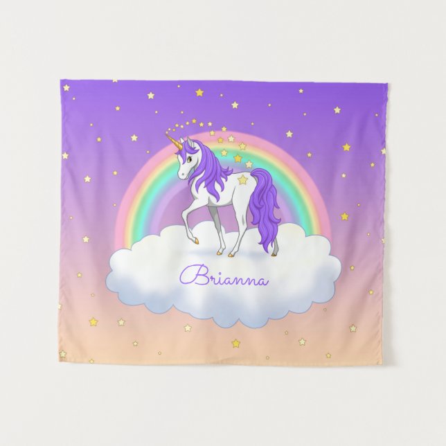 Hübsche Lila süße Träume Regenbogen Unicorn Wandteppich (Vorderseite (Horizontal))