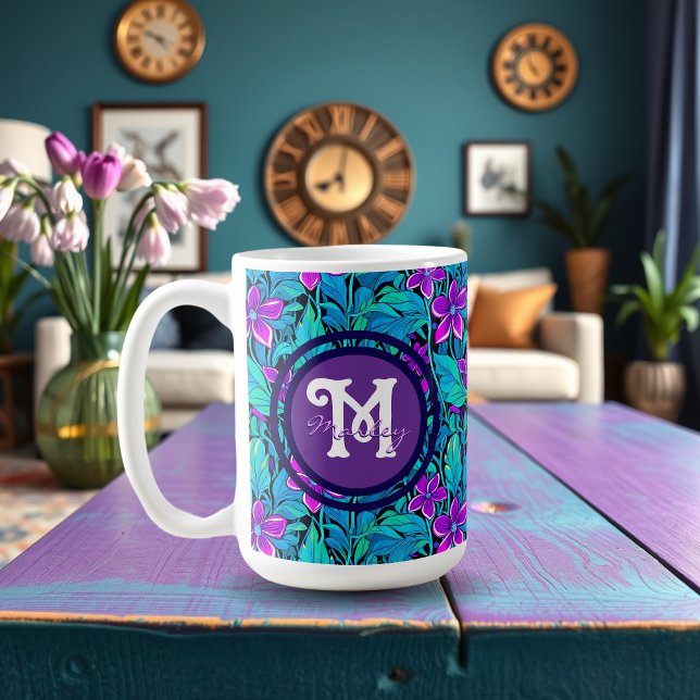 Hübsche Lila und Aquamarine Blaublume Personalisie Kaffeetasse (Von Creator hochgeladen)
